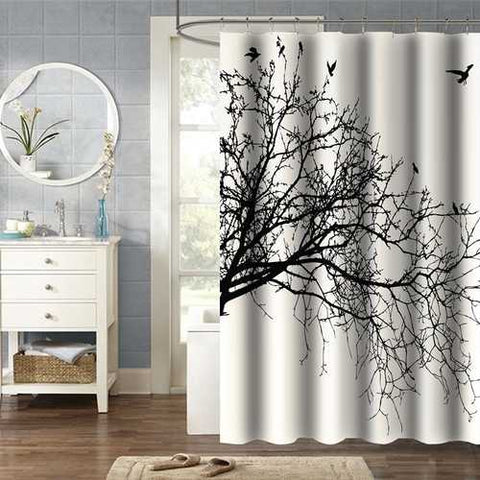 Image of Birds in Tree Black White Shower Curtain in Polyester Fabric