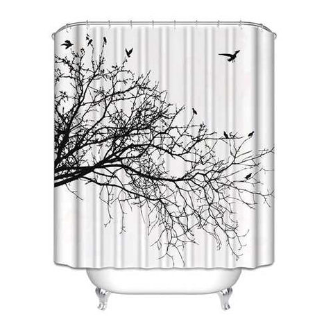 Image of Birds in Tree Black White Shower Curtain in Polyester Fabric