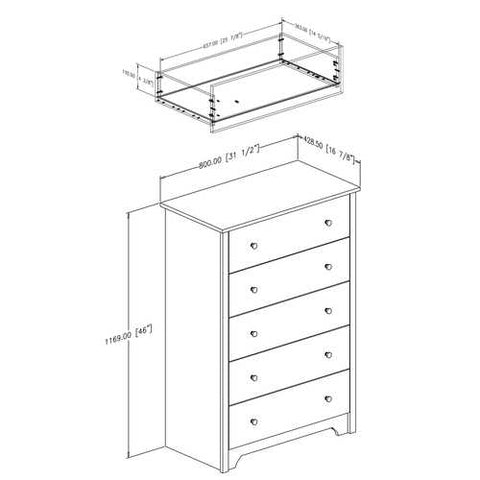 Image of 5-Drawer Bedroom Chest in Black Wood Finish and Nickle Finish Knobs