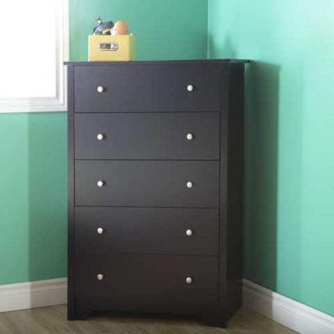 Image of 5-Drawer Bedroom Chest in Black Wood Finish and Nickle Finish Knobs