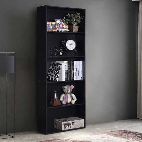 Image of Modern 5-Shelf Bookcase Storage Shelves in Black Wood Finish