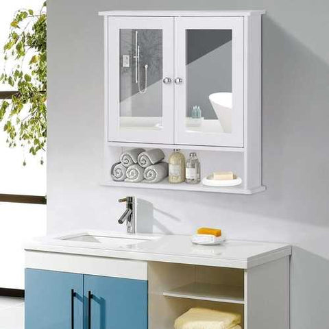 Image of White Bathroom Wall Medicine Cabinet with Mirror and Open Shelf