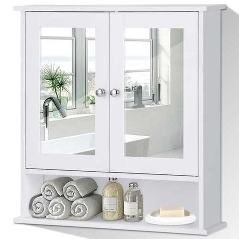 Image of White Bathroom Wall Medicine Cabinet with Mirror and Open Shelf