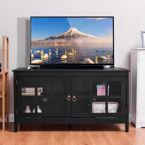 Image of Black Wood TV Stand with Glass Panel Doors for up to 50-inch TV