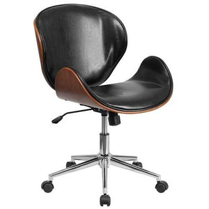 Mid-Back Walnut / Black Faux Leather Office Chair with Curved Bentwood Seat