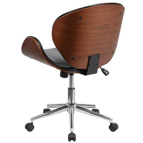 Image of Mid-Back Walnut / Black Faux Leather Office Chair with Curved Bentwood Seat