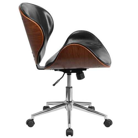 Image of Mid-Back Walnut / Black Faux Leather Office Chair with Curved Bentwood Seat