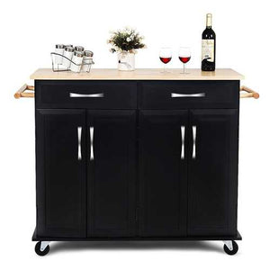 Black Kitchen Island Storage Cabinet Cart with Wood Top and Wheels