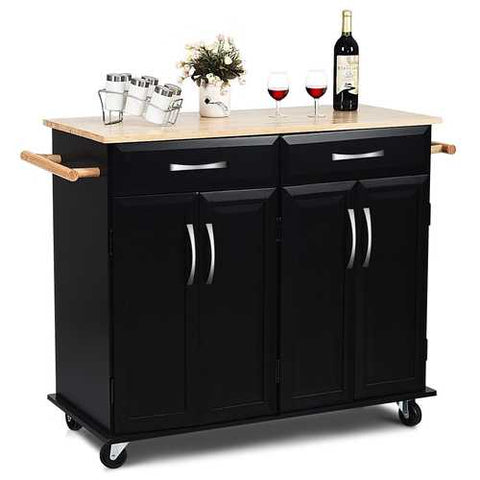 Image of Black Kitchen Island Storage Cabinet Cart with Wood Top and Wheels