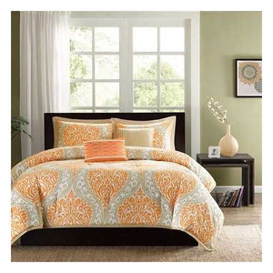 California King size 5-Piece Comforter Set in Orange Damask Print