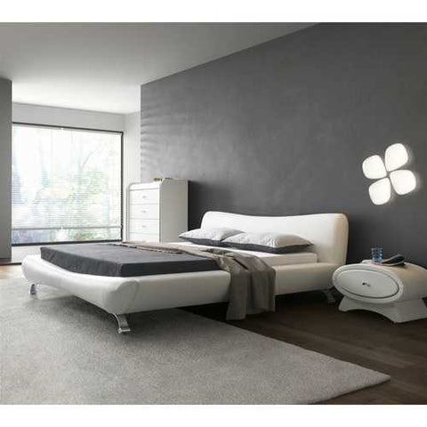 Image of California King White Faux Leather Upholstered Platform Bed with Modern Headboard