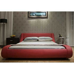 California King Red Faux Leather Upholstered Platform Bed with Modern Curved Headboard