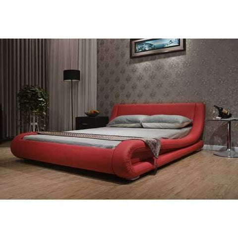 Image of California King Red Faux Leather Upholstered Platform Bed with Modern Curved Headboard