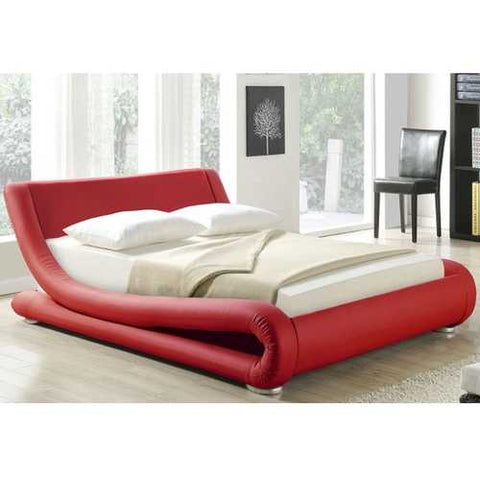 Image of California King Red Faux Leather Upholstered Platform Bed with Modern Curved Headboard