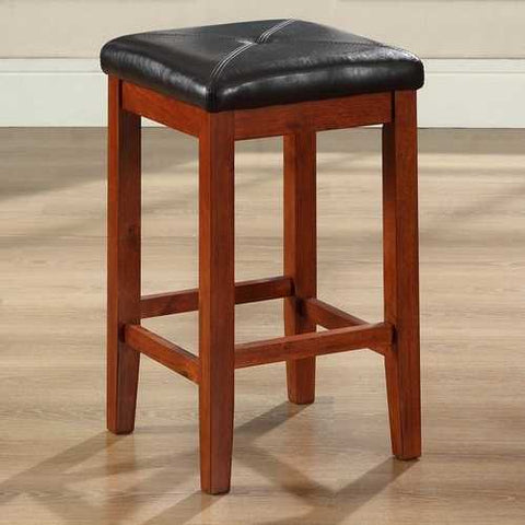 Image of Set of 2 - 24-inch High Cherry Bar Stools w/ Cushion Faux Leather Seat