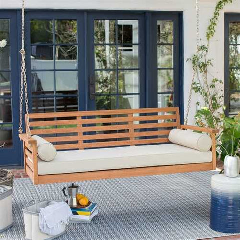 Image of Deep Seat Wood Porch Swing Outdoor Bed with Cushion and 2 Bolster Pillows