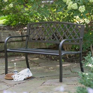 4-FT Curved Back Metal Bench in Weathered Black with Antique Bronze