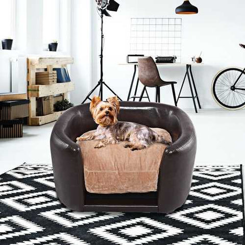 Image of Soft Espresso Mini Couch Bed with Beige Cushion Small Dog or Cat