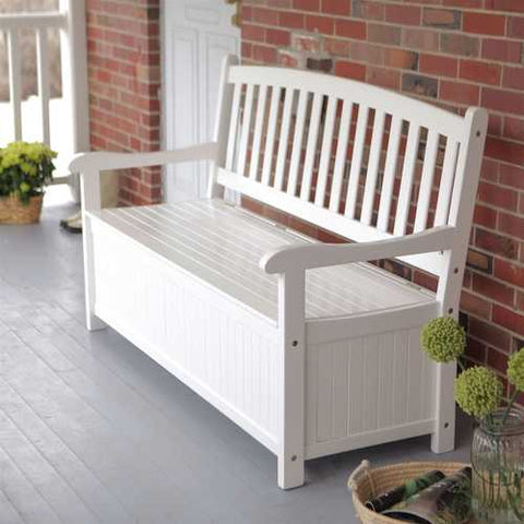 Image of White Wood 4-Ft Outdoor Patio Garden Bench Deck Box with Storage