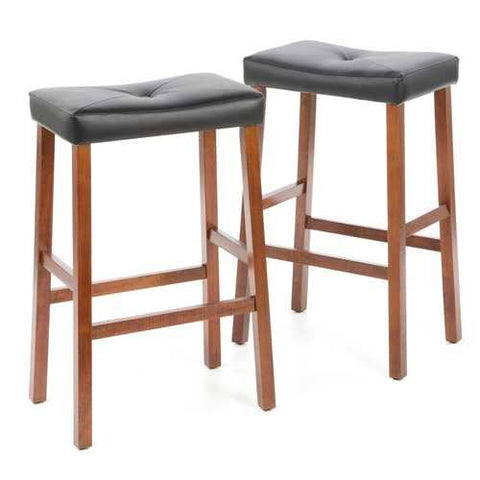 Image of Set of 2 - Upholstered Faux Leather Saddle Seat Barstool in Cherry