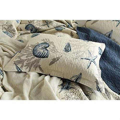 Image of Queen size 100-Percent Cotton 3-Piece Bedspread Quilt Set Ocean Beach Sea Shells Marine Starfish