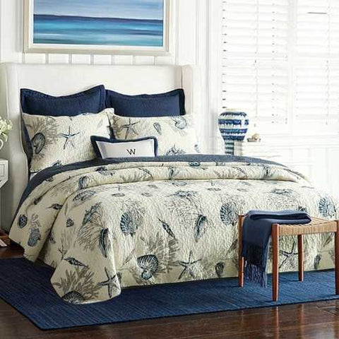 Image of Queen size 100-Percent Cotton 3-Piece Bedspread Quilt Set Ocean Beach Sea Shells Marine Starfish