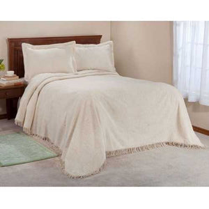 Queen size Natural Off-White Beige Cotton Chenille Bedspread with Fringe Edge