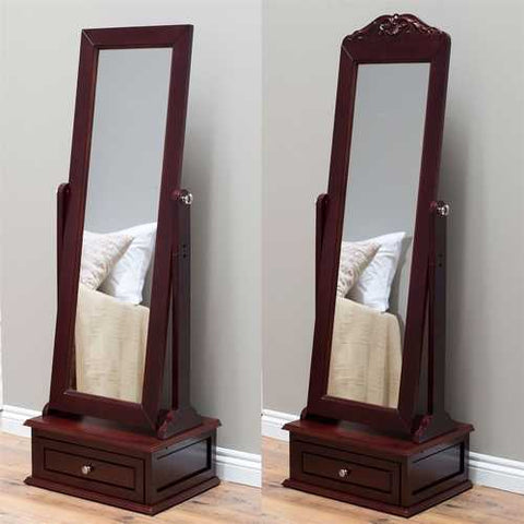 Image of Full Length Tilting Cheval Mirror in Cherry Wood Finish with Storage Drawer