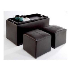 Faux Leather Storage Bench Coffee Table with 2 Side Ottomans