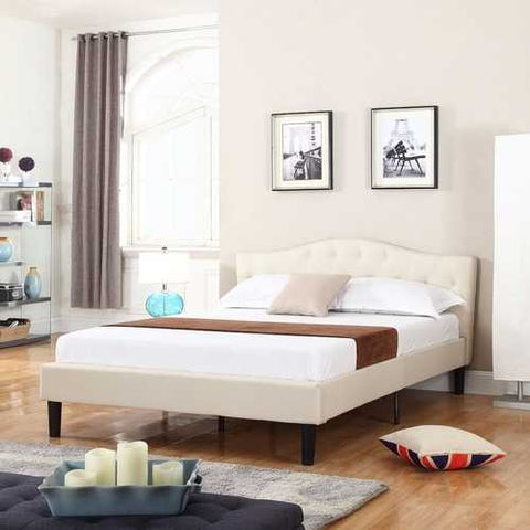 Image of Queen size Ivory Linen Upholstered Platform Bed with Button-Tufted Headboard