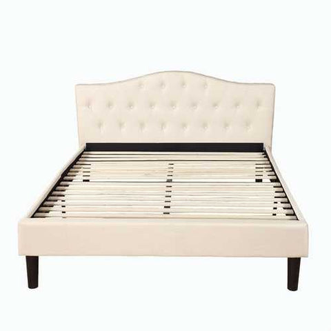 Image of Full size Ivory Linen Upholstered Platform Bed with Button Tufted Padded Headboard