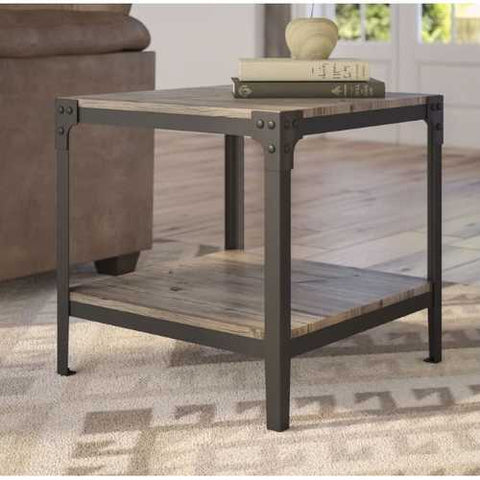 Image of Set of 2 Modern Metal Frame End Table Nightstand in Driftwood Finish