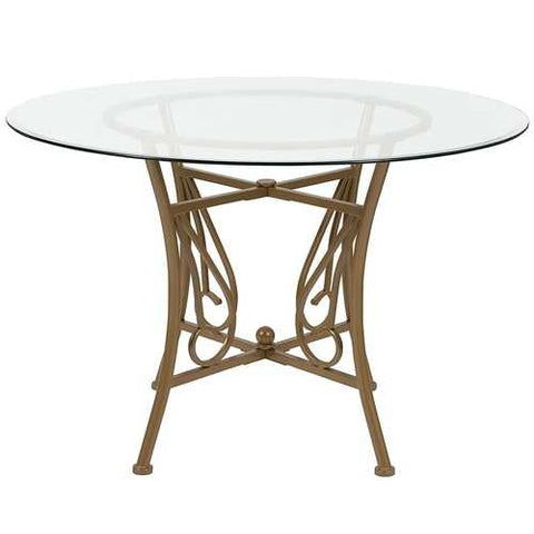 Image of Contemporary 45-inch Round Glass Top Dining Table with Matte Gold Metal Frame