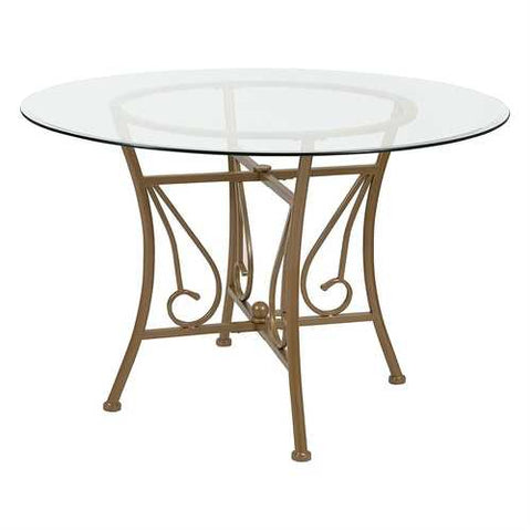 Image of Contemporary 45-inch Round Glass Top Dining Table with Matte Gold Metal Frame