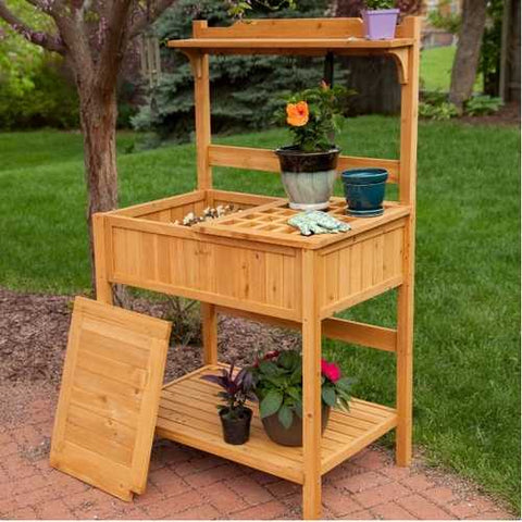 Image of Natural Wood Potting Bench Garden Table with Bottom Shelf