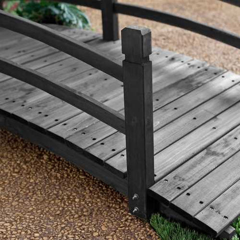 Image of 8-Ft Outdoor Garden Bridge with Handrails in Weather Resistant Dark Wood Stain