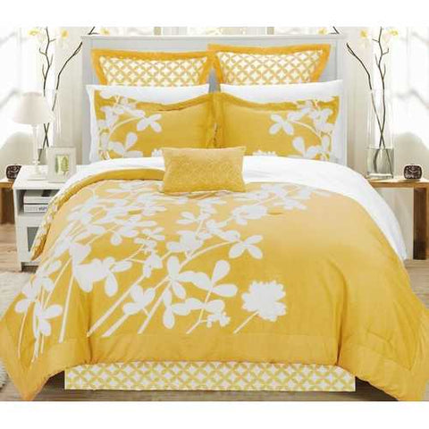 Image of Queen size Yellow 7-Piece Floral Bed in a Bag Comforter Set