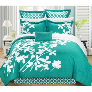 Queen size Turquoise 7-Piece Floral Bed in a Bag Comforter Set