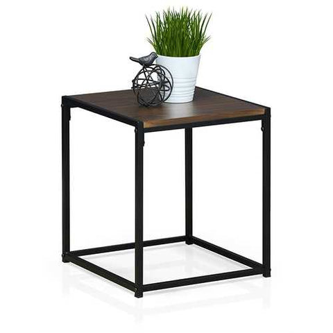 Image of Modern Black Metal End Table Nightstand with Dark Walnut Wood Finish Top