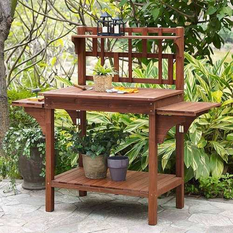 Image of Solid Wood Potting Bench with Flip-up Sides and Garden Tool Shelf in Cinnamon