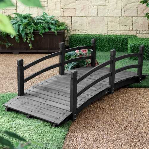 Image of 6-Ft Outdoor Wooden Garden Bridge with Handrails in Dark Charcoal Wood Stain