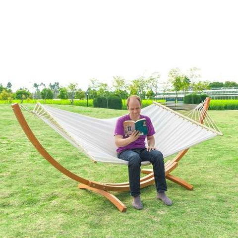 Image of White Cotton Polyester Hammock with 15-ft Pine Wood Stand