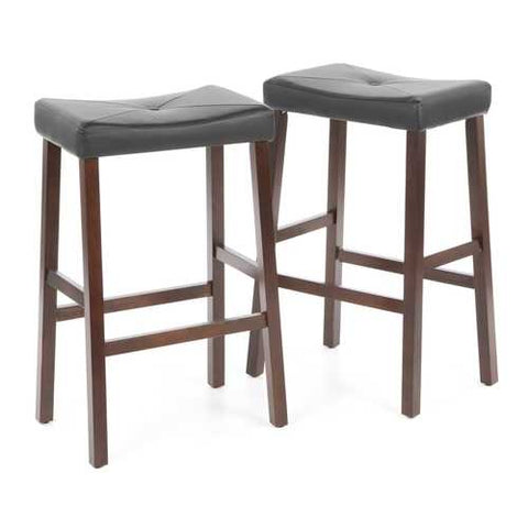 Image of Set of 2 - Upholstered Faux Leather Saddle Seat Barstool in Mahogany