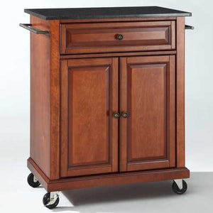 Cherry Portable Kitchen Island Cart w/ Granite Top & Locking Wheels