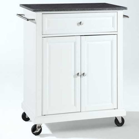 Image of White Kitchen Cart with Granite Top and Locking Casters Wheels