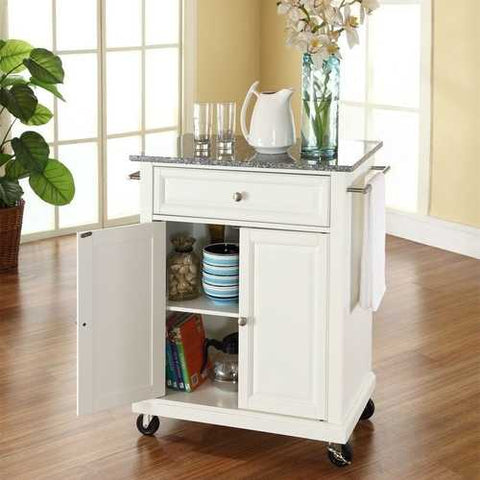 Image of White Kitchen Cart with Granite Top and Locking Casters Wheels