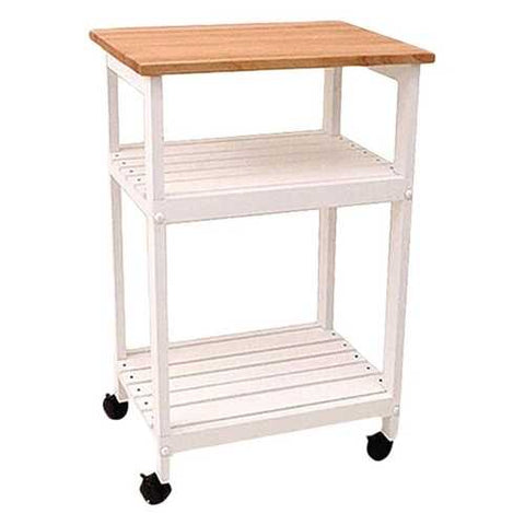 Image of White Kitchen Microwave Cart with Butcher Block Top & Locking Casters