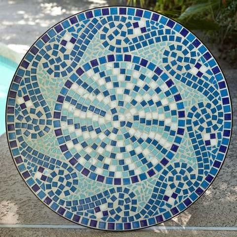 Image of 30-inch Round Metal Outdoor Bistro Patio Table with Hand-Laid Blue Tiles