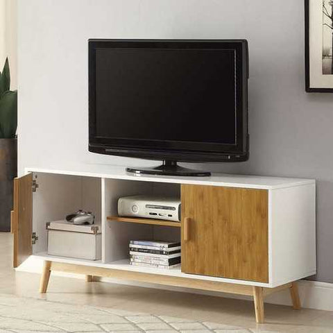 Image of Modern 47-inch Solid Wood TV Stand in White Finish and Mid-Century Legs