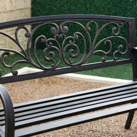 Image of Outdoor Garden Bench with Slatted Seat and Rustic Metal Finish